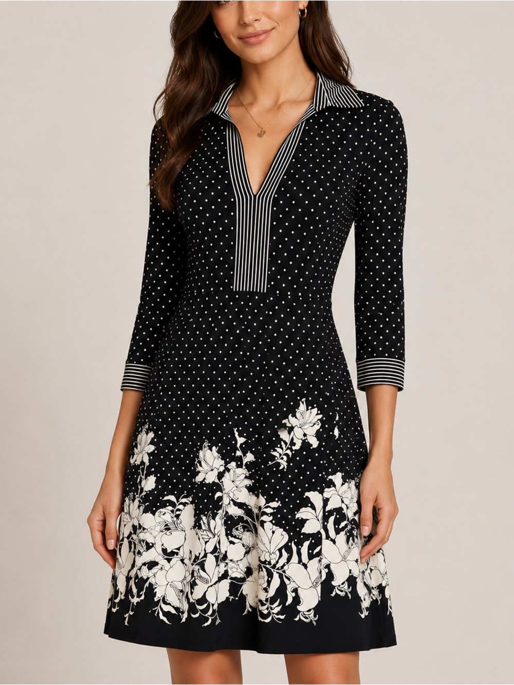 BCBGMAXAZRIA Polka Dot Floral Knit A Line Dress Black White Preppy Medium Career